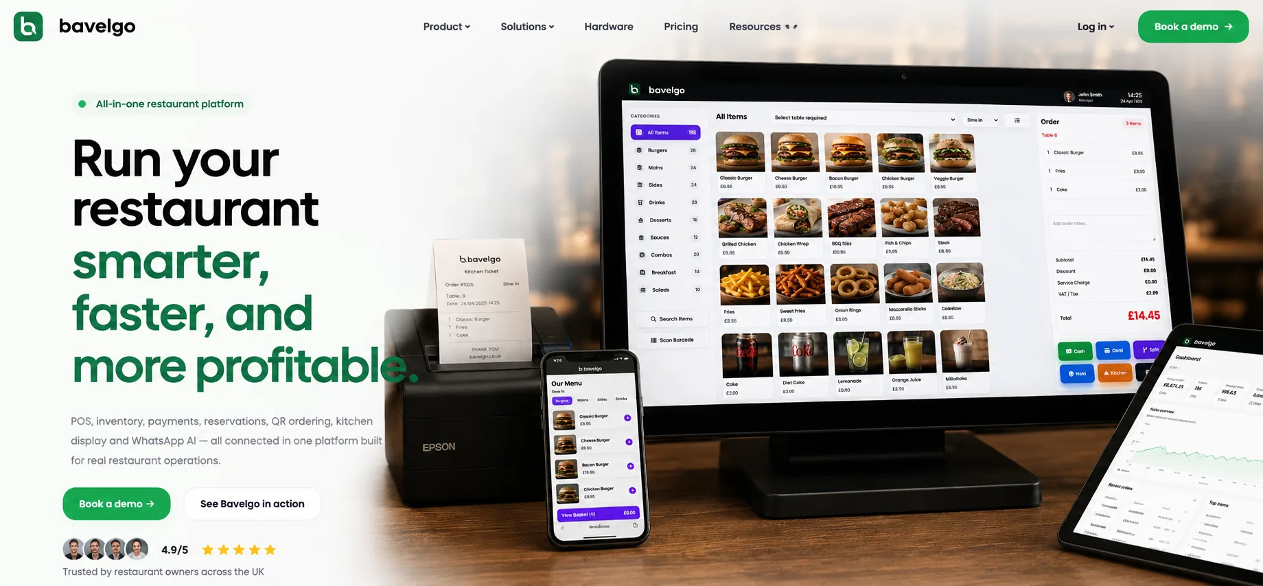 Bavelgo restaurant POS hardware setup with touchscreen, receipt printer, kitchen ticket and mobile ordering