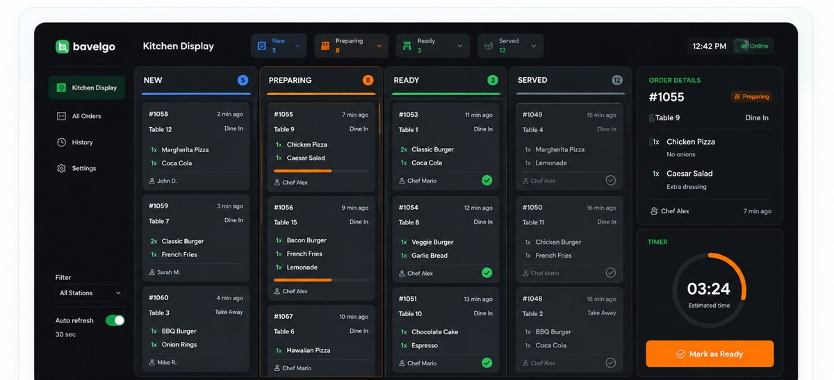 Bavelgo Kitchen Display showing live restaurant orders by status