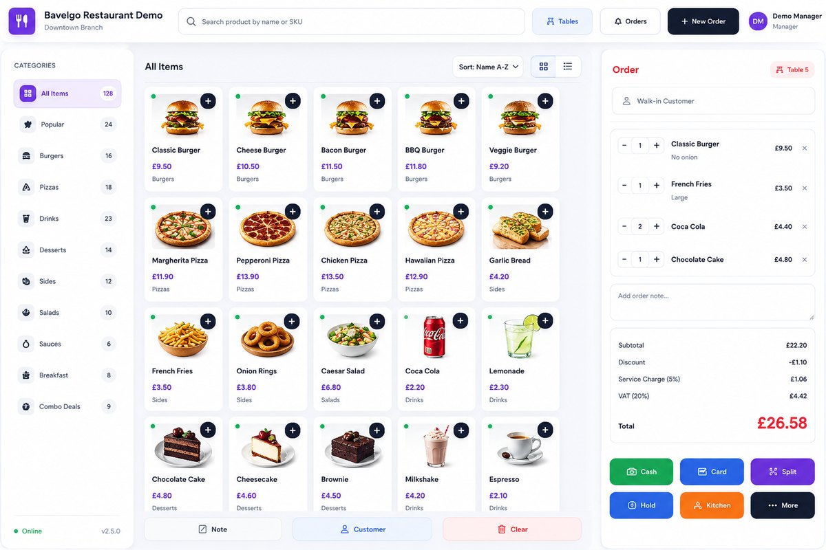 Bavelgo smart POS interface with products, categories and order summary