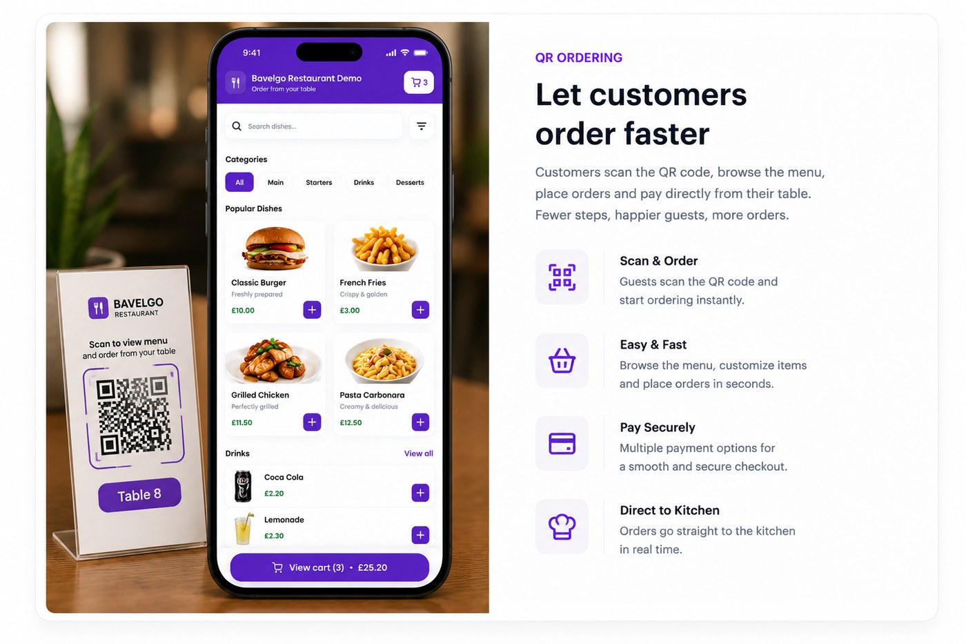 Bavelgo QR ordering menu on mobile with table QR and ordering features