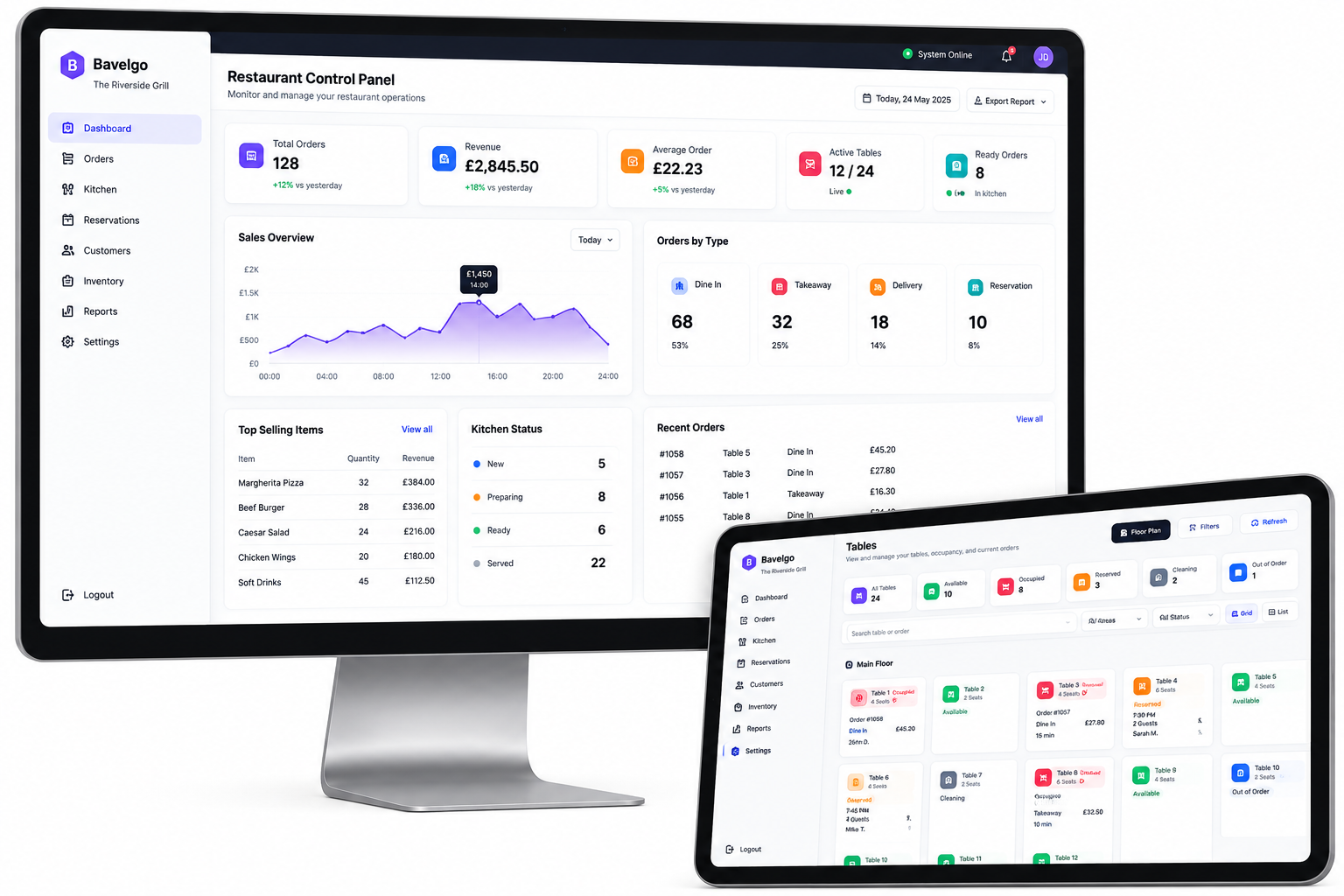 Bavelgo restaurant management software displayed on compatible desktop and tablet devices