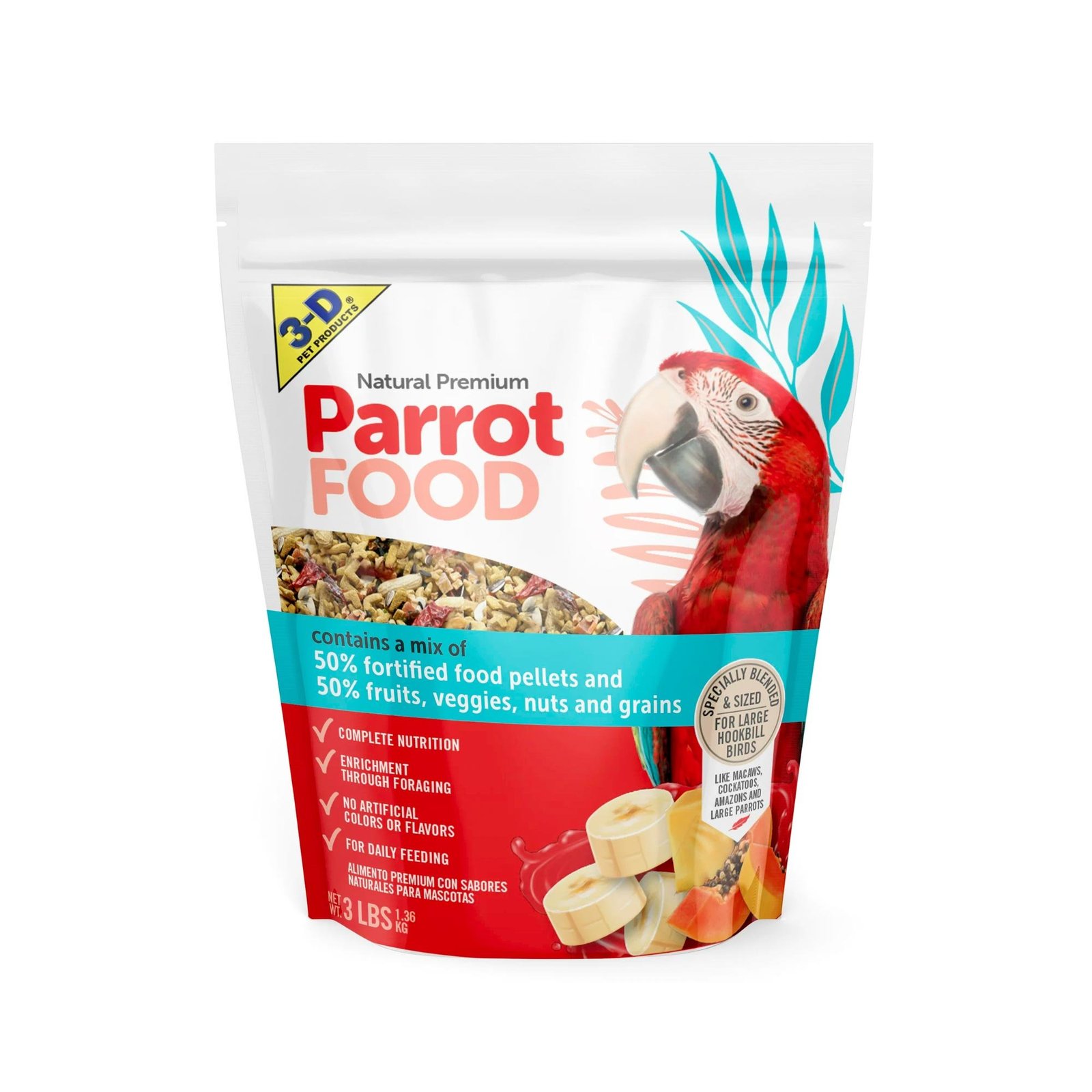 3-D Pet Products Natural Premium Parrot Food, with Fortified Pellets, 3 lbs