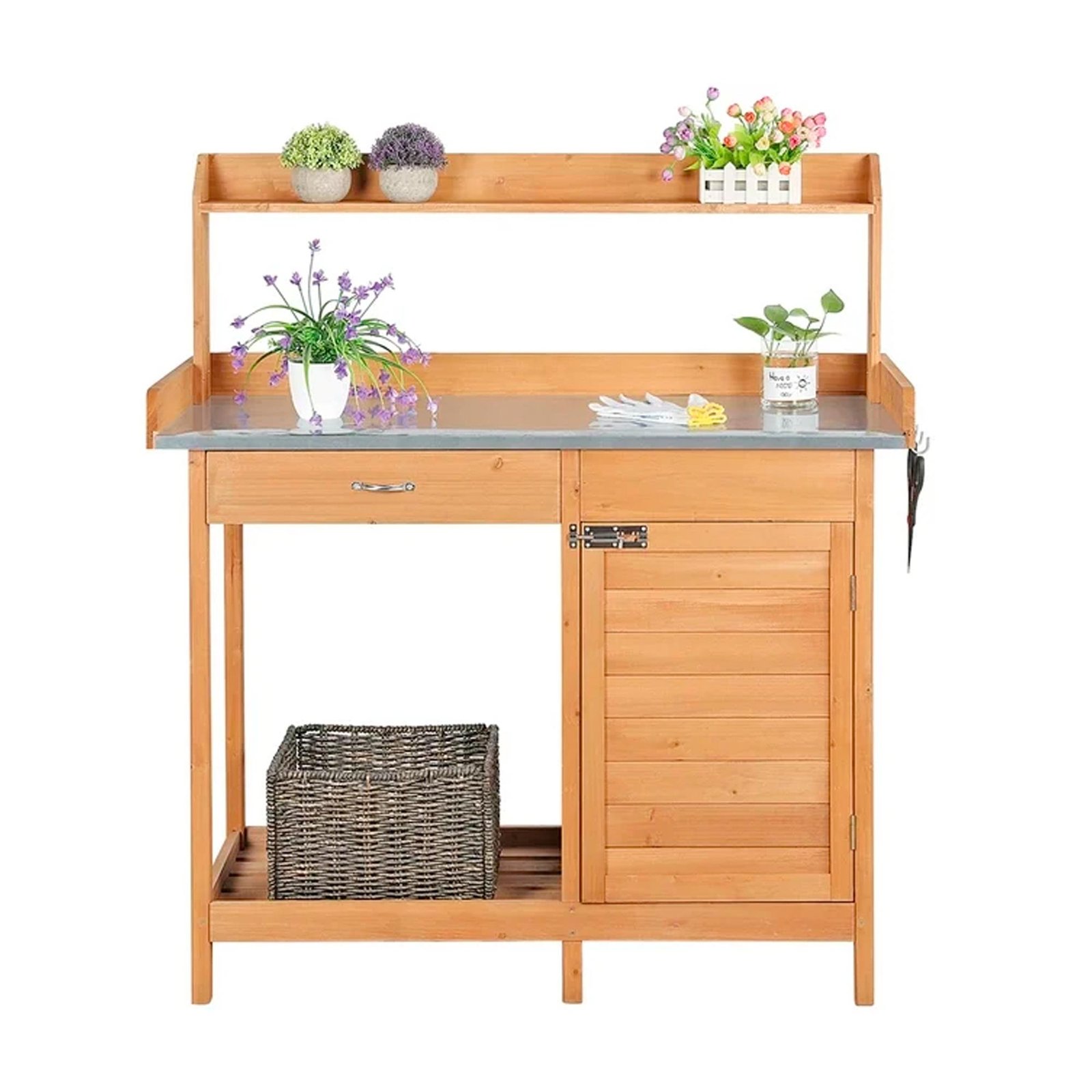 Easyfashion Outdoor Garden Potting Bench Metal Tabletop with Cabinet Drawer Open Shelf, Natural Wood