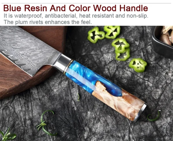 XITUO Kitchen Knives Set Damascus Steel VG10 Chef Knife Cleaver Paring Bread Knife Blue Resin Stabilised Wood Handle 1-7PCS set - Image 30
