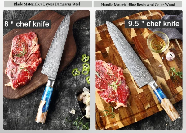 XITUO Kitchen Knives Set Damascus Steel VG10 Chef Knife Cleaver Paring Bread Knife Blue Resin Stabilised Wood Handle 1-7PCS set - Image 25