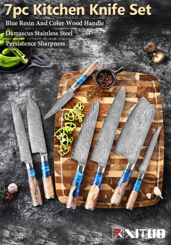 XITUO Kitchen Knives Set Damascus Steel VG10 Chef Knife Cleaver Paring Bread Knife Blue Resin Stabilised Wood Handle 1-7PCS set - Image 22