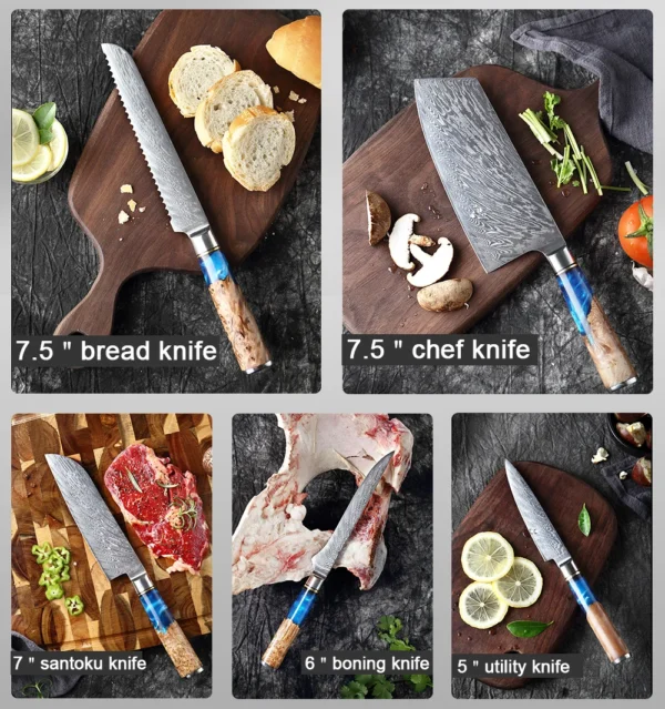 XITUO Kitchen Knives Set Damascus Steel VG10 Chef Knife Cleaver Paring Bread Knife Blue Resin Stabilised Wood Handle 1-7PCS set - Image 26