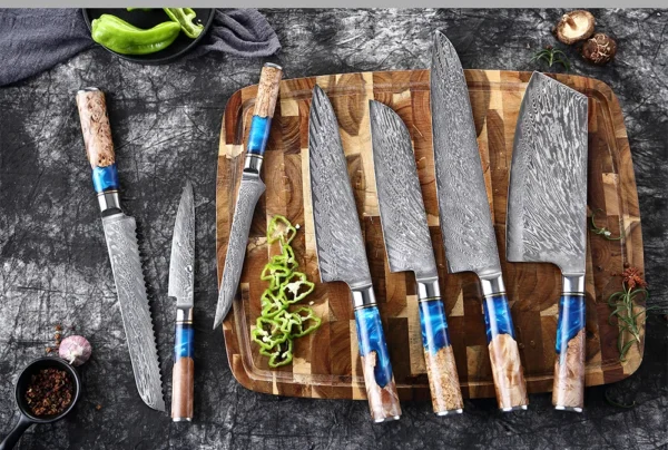 XITUO Kitchen Knives Set Damascus Steel VG10 Chef Knife Cleaver Paring Bread Knife Blue Resin Stabilised Wood Handle 1-7PCS set - Image 27