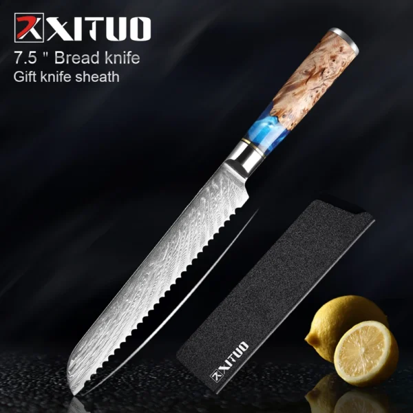 XITUO Kitchen Knives Set Damascus Steel VG10 Chef Knife Cleaver Paring Bread Knife Blue Resin Stabilised Wood Handle 1-7PCS set - Image 15