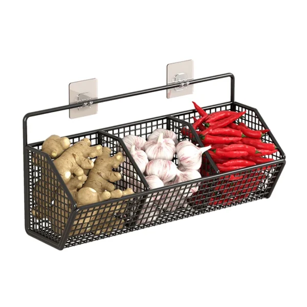 1/2/3Grids Metal Wall Mounted Storage Rack Onion Ginger Garlic Spice Kitchen Shelf Punch-Free Vegetable Fruit Drain Basket - Image 14
