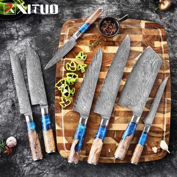 XITUO Kitchen Knives Set Damascus Steel VG10 Chef Knife Cleaver Paring Bread Knife Blue Resin Stabilised Wood Handle 1-7PCS set - Image 6