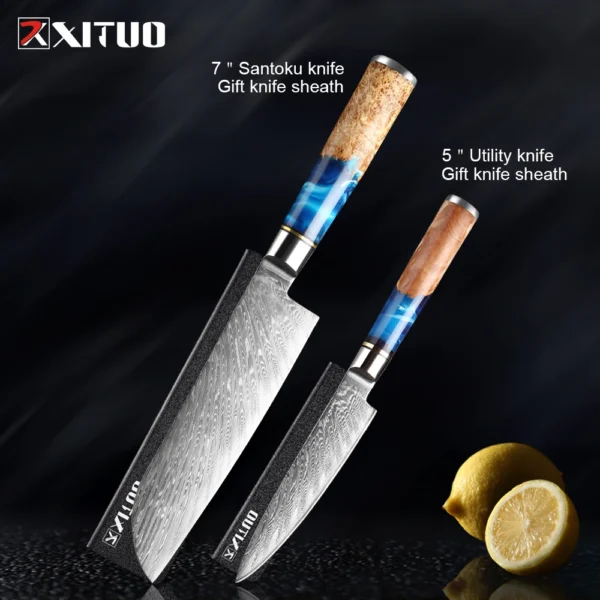 XITUO Kitchen Knives Set Damascus Steel VG10 Chef Knife Cleaver Paring Bread Knife Blue Resin Stabilised Wood Handle 1-7PCS set - Image 10
