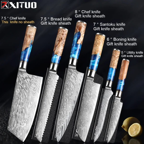 XITUO Kitchen Knives Set Damascus Steel VG10 Chef Knife Cleaver Paring Bread Knife Blue Resin Stabilised Wood Handle 1-7PCS set - Image 11