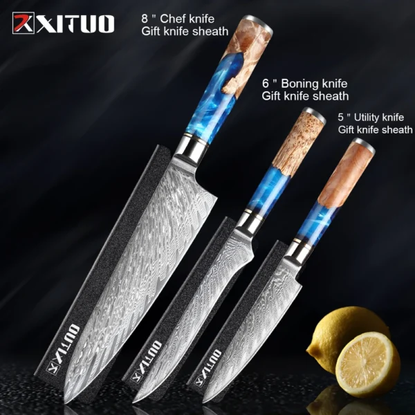 XITUO Kitchen Knives Set Damascus Steel VG10 Chef Knife Cleaver Paring Bread Knife Blue Resin Stabilised Wood Handle 1-7PCS set - Image 12