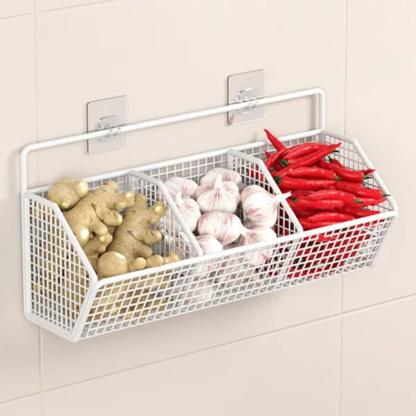 1/2/3Grids Metal Wall Mounted Storage Rack Onion Ginger Garlic Spice Kitchen Shelf Punch-Free Vegetable Fruit Drain Basket - Image 5