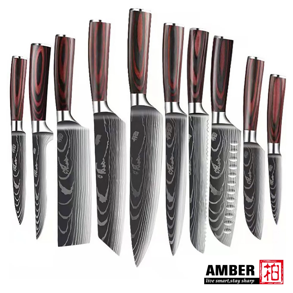 Kitchen Knives s/s 4Cr13 Knives Laser Damascus Pattern Japanese Santoku Cleaver Slicing Utility Chef Knife Set with Pakkawood HD