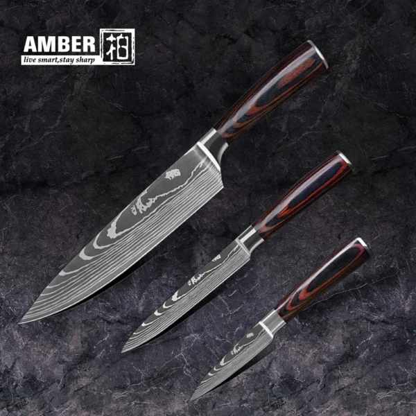 Kitchen Knives s/s 4Cr13 Knives Laser Damascus Pattern Japanese Santoku Cleaver Slicing Utility Chef Knife Set with Pakkawood HD - Image 5