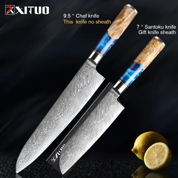 XITUO Kitchen Knives Set Damascus Steel VG10 Chef Knife Cleaver Paring Bread Knife Blue Resin Stabilised Wood Handle 1-7PCS set - Image 8