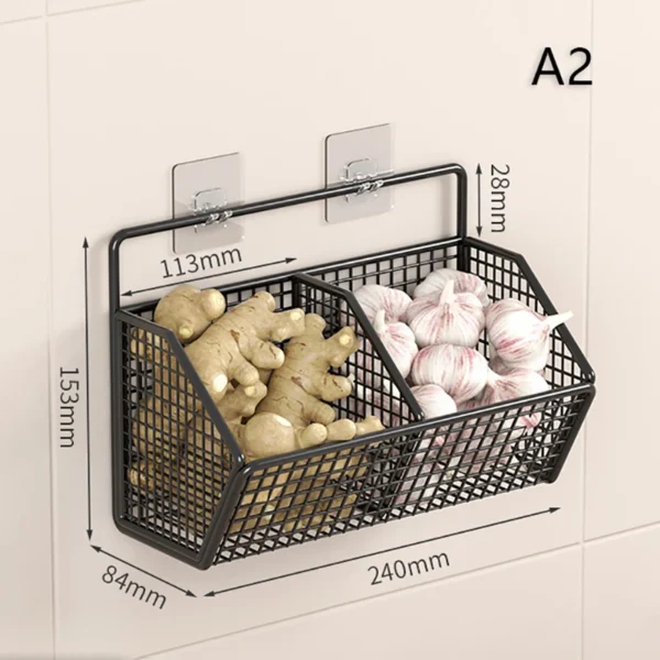 1/2/3Grids Metal Wall Mounted Storage Rack Onion Ginger Garlic Spice Kitchen Shelf Punch-Free Vegetable Fruit Drain Basket - Image 9
