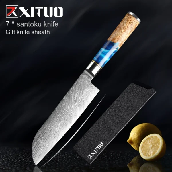XITUO Kitchen Knives Set Damascus Steel VG10 Chef Knife Cleaver Paring Bread Knife Blue Resin Stabilised Wood Handle 1-7PCS set - Image 17