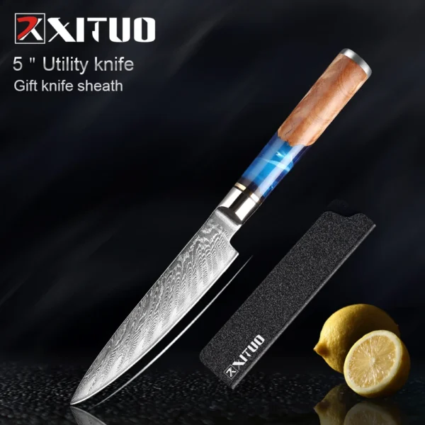 XITUO Kitchen Knives Set Damascus Steel VG10 Chef Knife Cleaver Paring Bread Knife Blue Resin Stabilised Wood Handle 1-7PCS set - Image 18