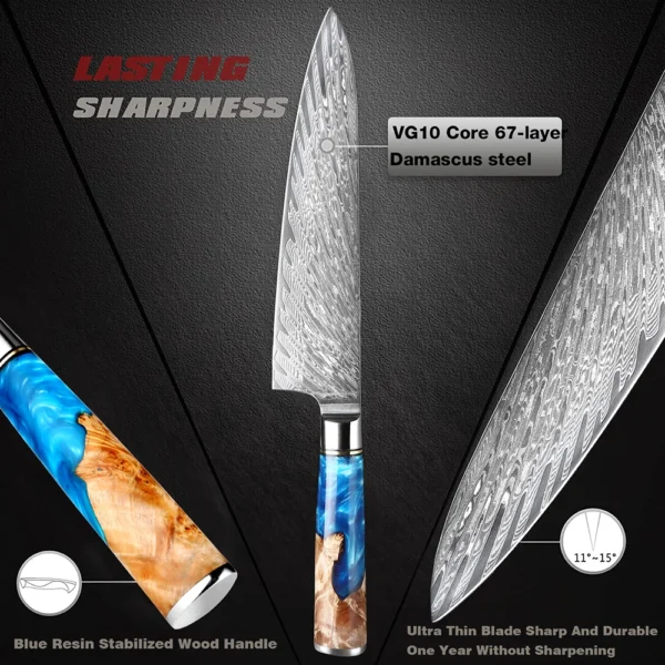 XITUO Kitchen Knives Set Damascus Steel VG10 Chef Knife Cleaver Paring Bread Knife Blue Resin Stabilised Wood Handle 1-7PCS set - Image 4