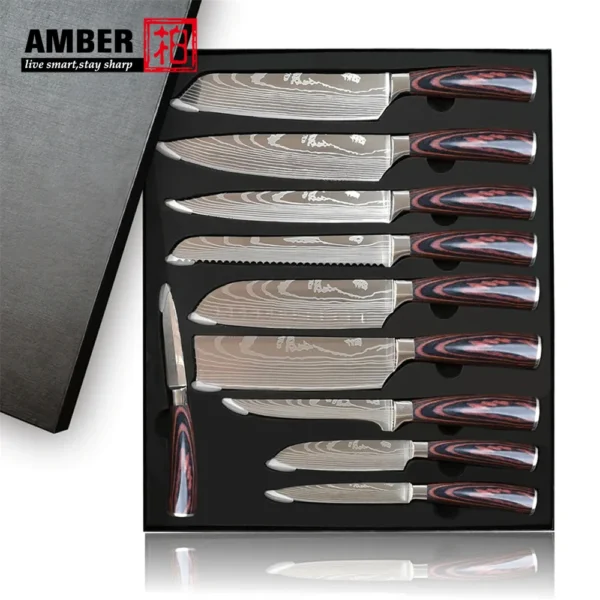 Kitchen Knives s/s 4Cr13 Knives Laser Damascus Pattern Japanese Santoku Cleaver Slicing Utility Chef Knife Set with Pakkawood HD - Image 2
