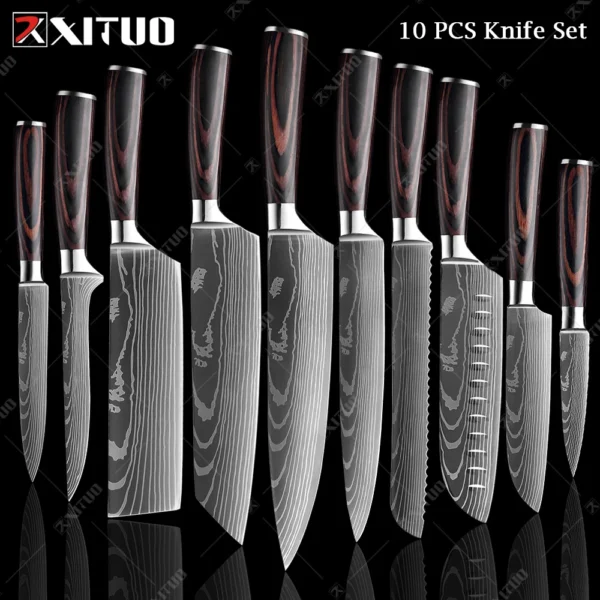 XITUO Chef knife 1-10Pcs Kitchen Knives Set Laser Damascus Pattern Ultra-Sharp Santoku Knife Cleaver Slicing Utility Fruit Knife - Image 28