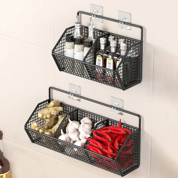 1/2/3Grids Metal Wall Mounted Storage Rack Onion Ginger Garlic Spice Kitchen Shelf Punch-Free Vegetable Fruit Drain Basket - Image 2