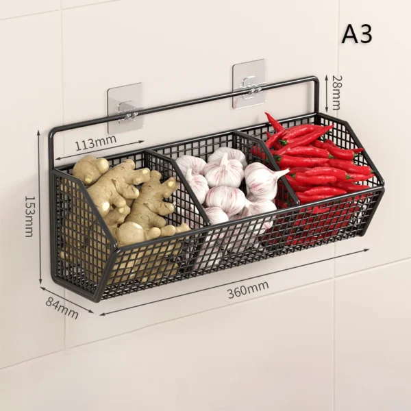 1/2/3Grids Metal Wall Mounted Storage Rack Onion Ginger Garlic Spice Kitchen Shelf Punch-Free Vegetable Fruit Drain Basket - Image 8