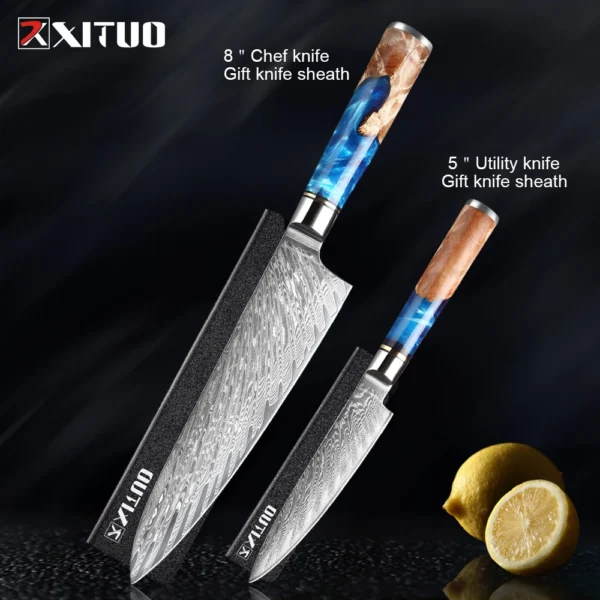 XITUO Kitchen Knives Set Damascus Steel VG10 Chef Knife Cleaver Paring Bread Knife Blue Resin Stabilised Wood Handle 1-7PCS set - Image 13