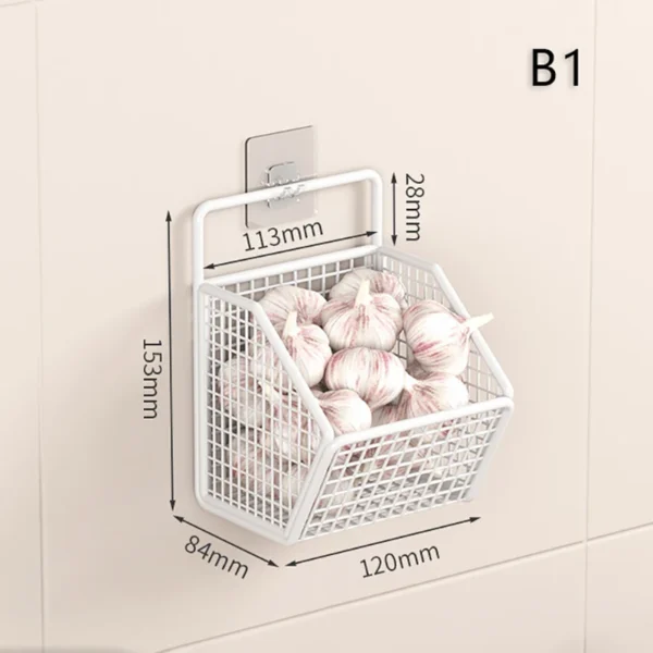 1/2/3Grids Metal Wall Mounted Storage Rack Onion Ginger Garlic Spice Kitchen Shelf Punch-Free Vegetable Fruit Drain Basket - Image 11