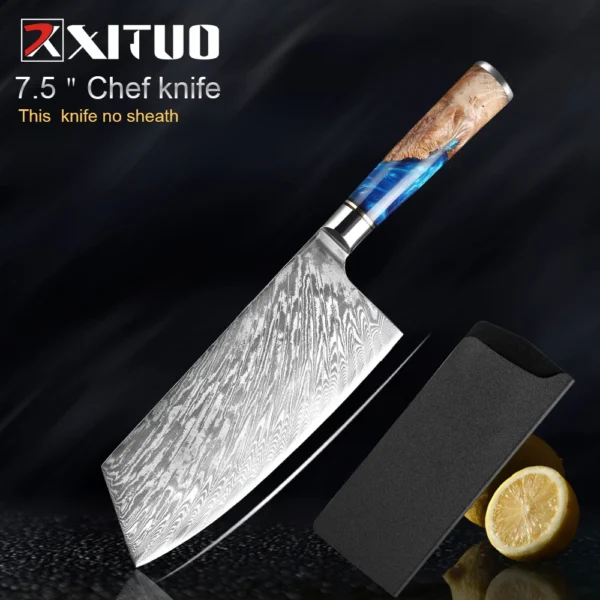 XITUO Kitchen Knives Set Damascus Steel VG10 Chef Knife Cleaver Paring Bread Knife Blue Resin Stabilised Wood Handle 1-7PCS set - Image 19