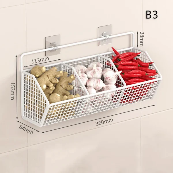 1/2/3Grids Metal Wall Mounted Storage Rack Onion Ginger Garlic Spice Kitchen Shelf Punch-Free Vegetable Fruit Drain Basket - Image 7