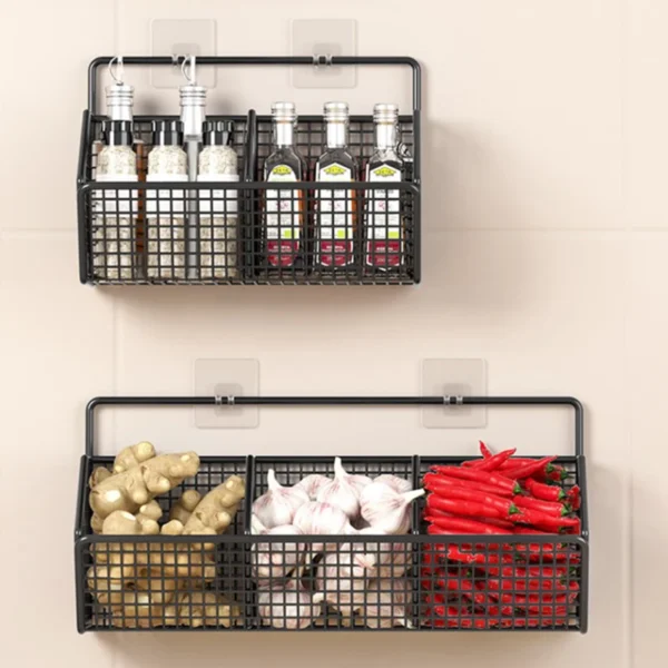 1/2/3Grids Metal Wall Mounted Storage Rack Onion Ginger Garlic Spice Kitchen Shelf Punch-Free Vegetable Fruit Drain Basket - Image 3