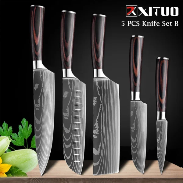 XITUO Chef knife 1-10Pcs Kitchen Knives Set Laser Damascus Pattern Ultra-Sharp Santoku Knife Cleaver Slicing Utility Fruit Knife - Image 16