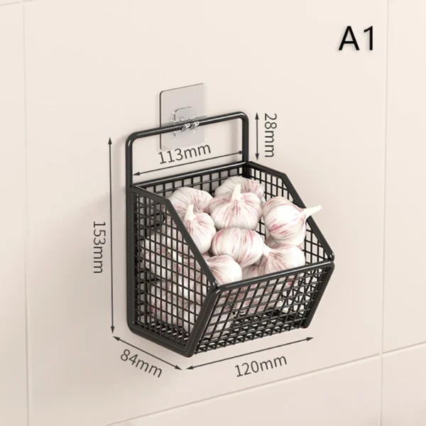 1/2/3Grids Metal Wall Mounted Storage Rack Onion Ginger Garlic Spice Kitchen Shelf Punch-Free Vegetable Fruit Drain Basket - Image 12