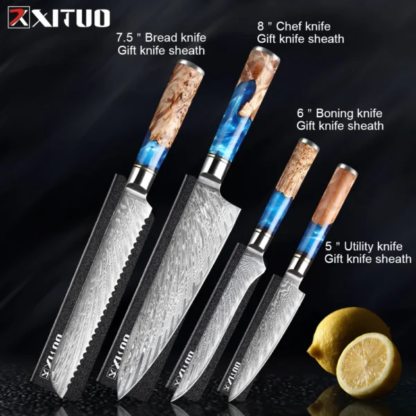 XITUO Kitchen Knives Set Damascus Steel VG10 Chef Knife Cleaver Paring Bread Knife Blue Resin Stabilised Wood Handle 1-7PCS set - Image 9