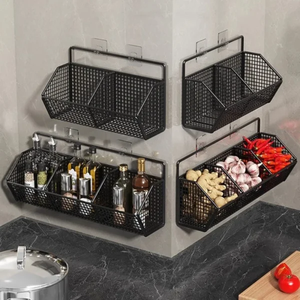 1/2/3Grids Metal Wall Mounted Storage Rack Onion Ginger Garlic Spice Kitchen Shelf Punch-Free Vegetable Fruit Drain Basket - Image 4