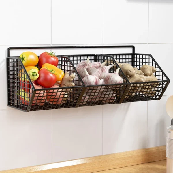 1/2/3Grids Metal Wall Mounted Storage Rack Onion Ginger Garlic Spice Kitchen Shelf Punch-Free Vegetable Fruit Drain Basket - Image 6