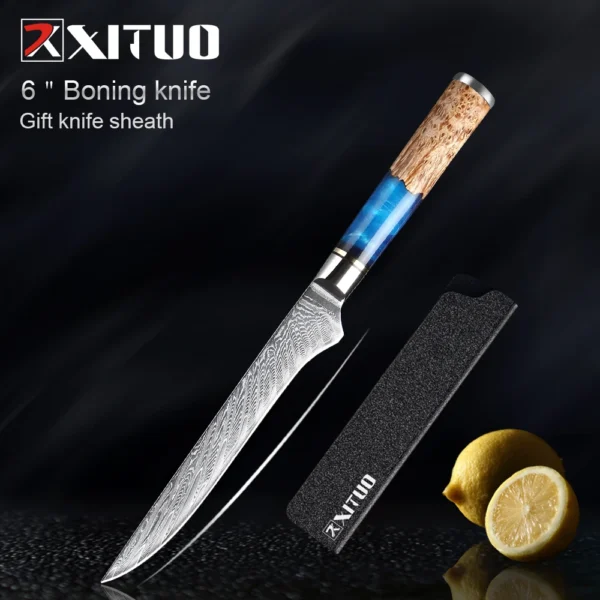XITUO Kitchen Knives Set Damascus Steel VG10 Chef Knife Cleaver Paring Bread Knife Blue Resin Stabilised Wood Handle 1-7PCS set - Image 20