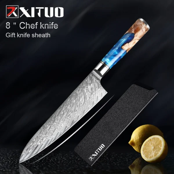 XITUO Kitchen Knives Set Damascus Steel VG10 Chef Knife Cleaver Paring Bread Knife Blue Resin Stabilised Wood Handle 1-7PCS set - Image 16