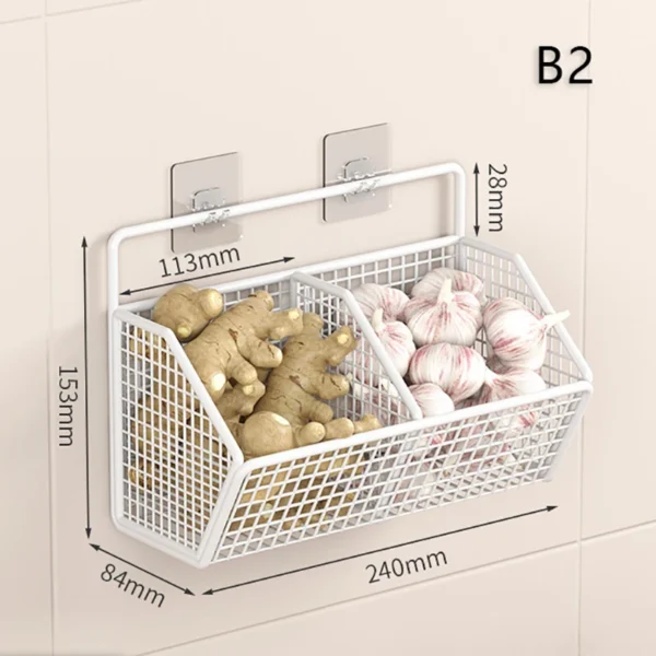 1/2/3Grids Metal Wall Mounted Storage Rack Onion Ginger Garlic Spice Kitchen Shelf Punch-Free Vegetable Fruit Drain Basket - Image 10