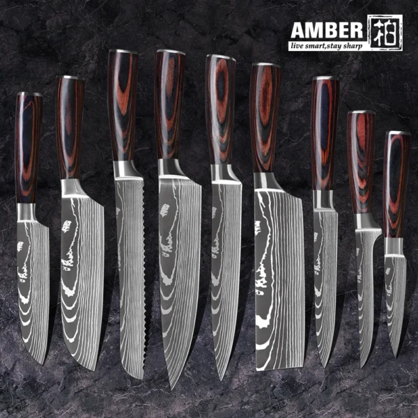 Kitchen Knives s/s 4Cr13 Knives Laser Damascus Pattern Japanese Santoku Cleaver Slicing Utility Chef Knife Set with Pakkawood HD - Image 3