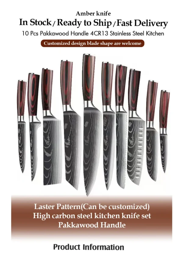 Kitchen Knives s/s 4Cr13 Knives Laser Damascus Pattern Japanese Santoku Cleaver Slicing Utility Chef Knife Set with Pakkawood HD - Image 17