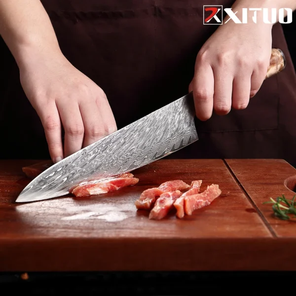 XITUO Kitchen Knives Set Damascus Steel VG10 Chef Knife Cleaver Paring Bread Knife Blue Resin Stabilised Wood Handle 1-7PCS set - Image 5