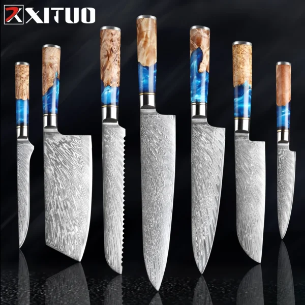 XITUO Kitchen Knives Set Damascus Steel VG10 Chef Knife Cleaver Paring Bread Knife Blue Resin Stabilised Wood Handle 1-7PCS set - Image 21
