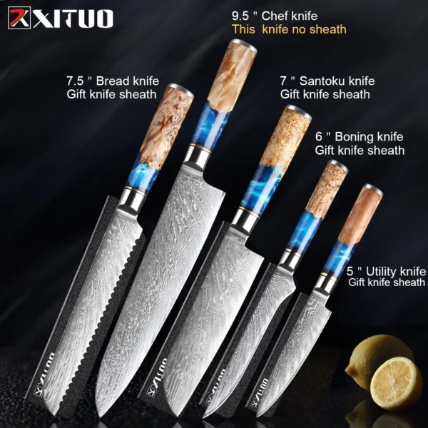 XITUO Kitchen Knives Set Damascus Steel VG10 Chef Knife Cleaver Paring Bread Knife Blue Resin Stabilised Wood Handle 1-7PCS set - Image 7