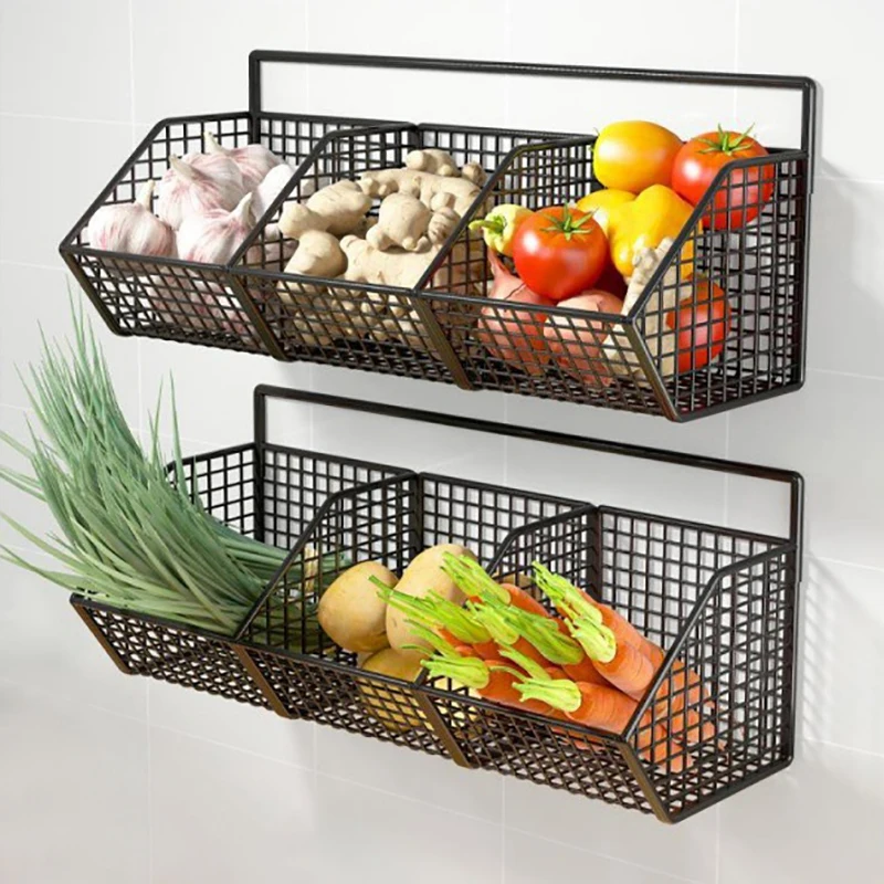 1/2/3Grids Metal Wall Mounted Storage Rack Onion Ginger Garlic Spice Kitchen Shelf Punch-Free Vegetable Fruit Drain Basket