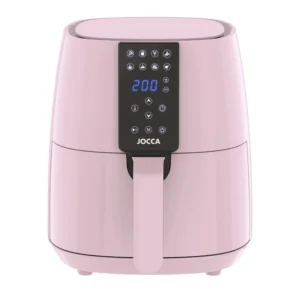 3.8L capacity Jocca pink air fryer with LED touch screen, 8 predefined programs, 80-200 °C temperature, 60 min timer and 1450W power. Oil-free cooking, healthier and faster